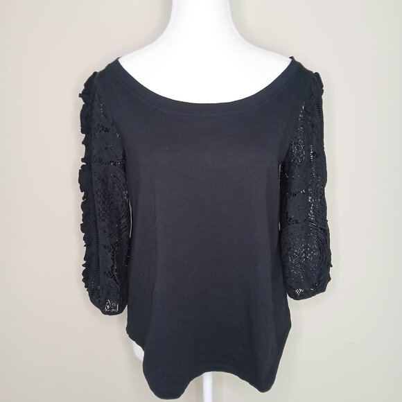Anthropologie Nina Puff Lace Sleeve Top Black Size Medium - Picture 3 of 8